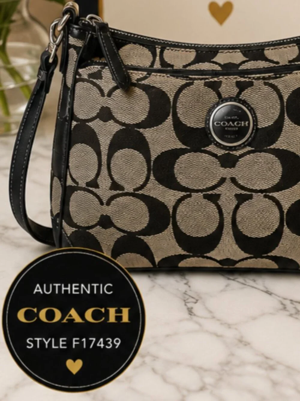 Coach F17439 Signature Black Khaki Shoulder Bag Purse EUC